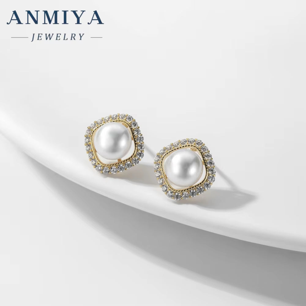 ANMIYA Square Zircon Stone round Pearl 925 Silver Custom Earrings Fresh Water Pearl Earrings Elegant Stud Earrings