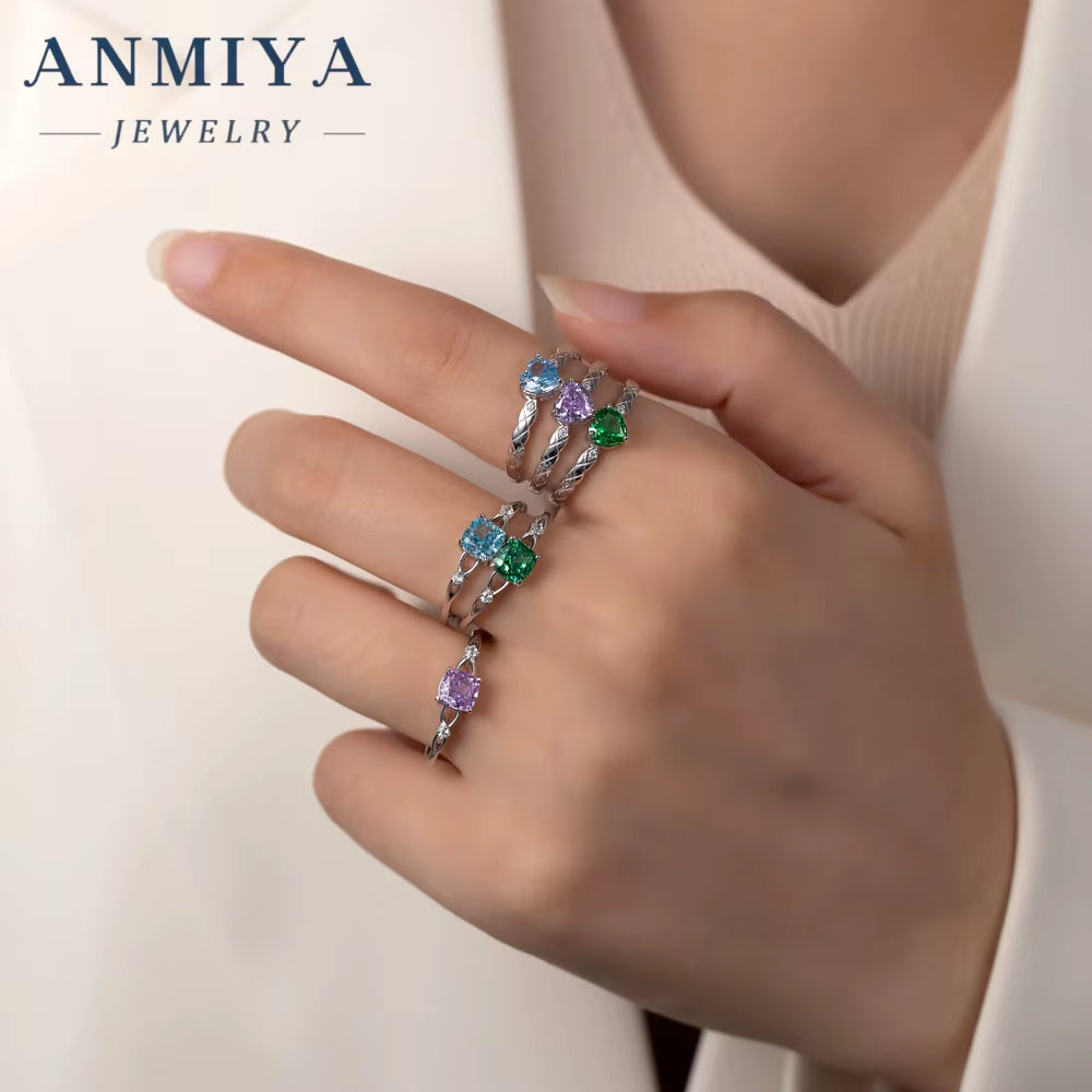 ANMIYA Pink Sapphire Diamond Ring Exquisite Radiant Zirconia Pink Heart Ring Different Design 925 Silver Large Diamond Rings Set