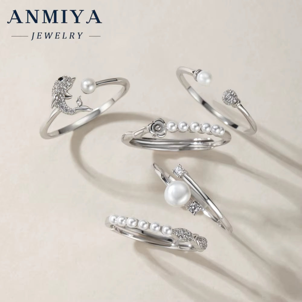 ANMIYA 925 Sterling Silver Freshwater Pearl Rings Set with Cubic Zirconic Open Ring for Lady