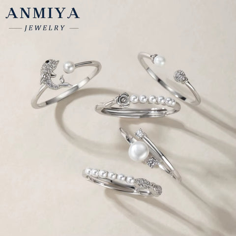 ANMIYA 925 Sterling Silver Freshwater Pearl Rings Set with Cubic Zirconic Open Ring for Lady