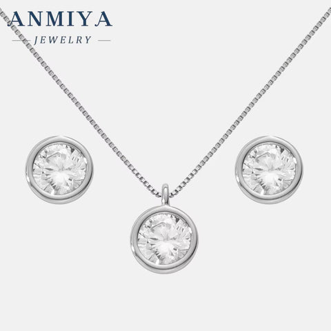 Fine Jewelry Hot Fashion 925 Sterling Silver round White Zircon Pendant Necklace Earrings Set for Women Girls