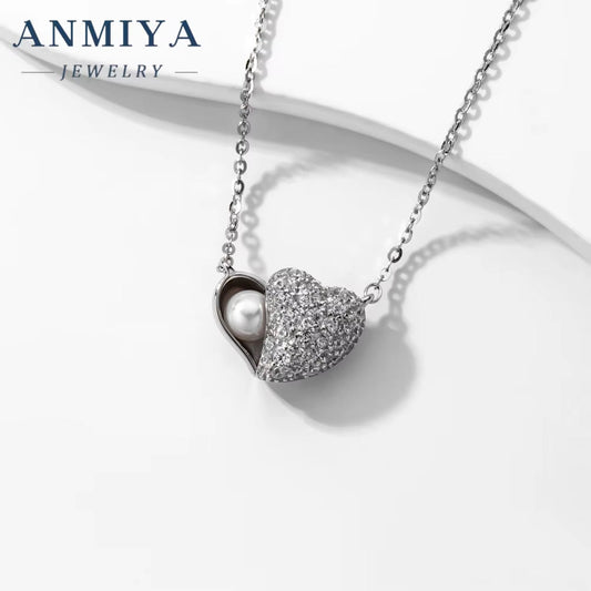 ANMIYA 925 Sterling Silver Fashion Jewelry Silver Heart Necklace Cubic Zirconia Pendant Necklace Jewelry Women