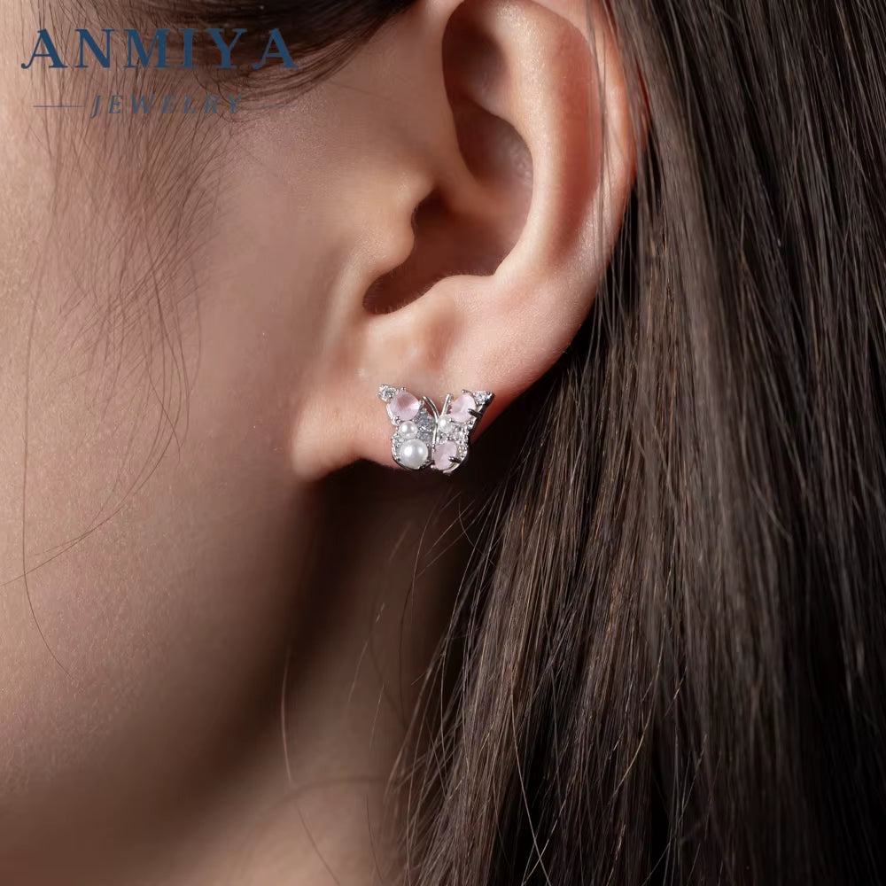ANMIYA Wholesale Luxury Female Butterfly Shape Pink Pearl Stud Earrings for Girls