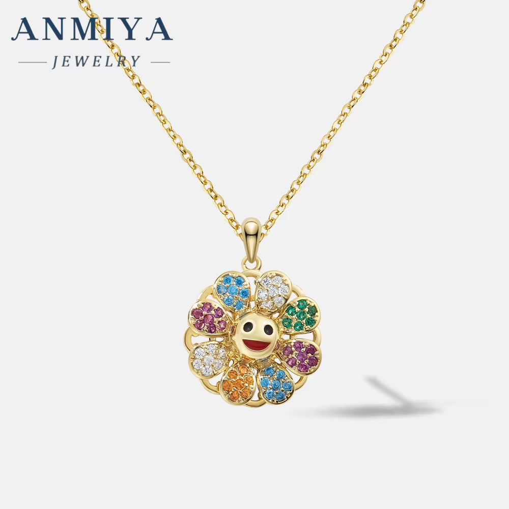 Takashi Murakami Diamond-Encrusted Sun Flower Pendant 925 Silver Necklace Trendy Men'S Hip Hop Glitter Pink Rotatable Collars