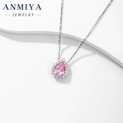 ANMIYA Pink Flower Ice Cut Zircon INS Trendy Fashion Crafted 925 Sterling Silver Necklaces for Women