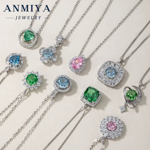 ANIMIYA 925 Sterling Silver Fashion Jewelry Pendant Necklaces Ice Heart Cut Shape with Zircon Green Blue Pink Diamond Weddings
