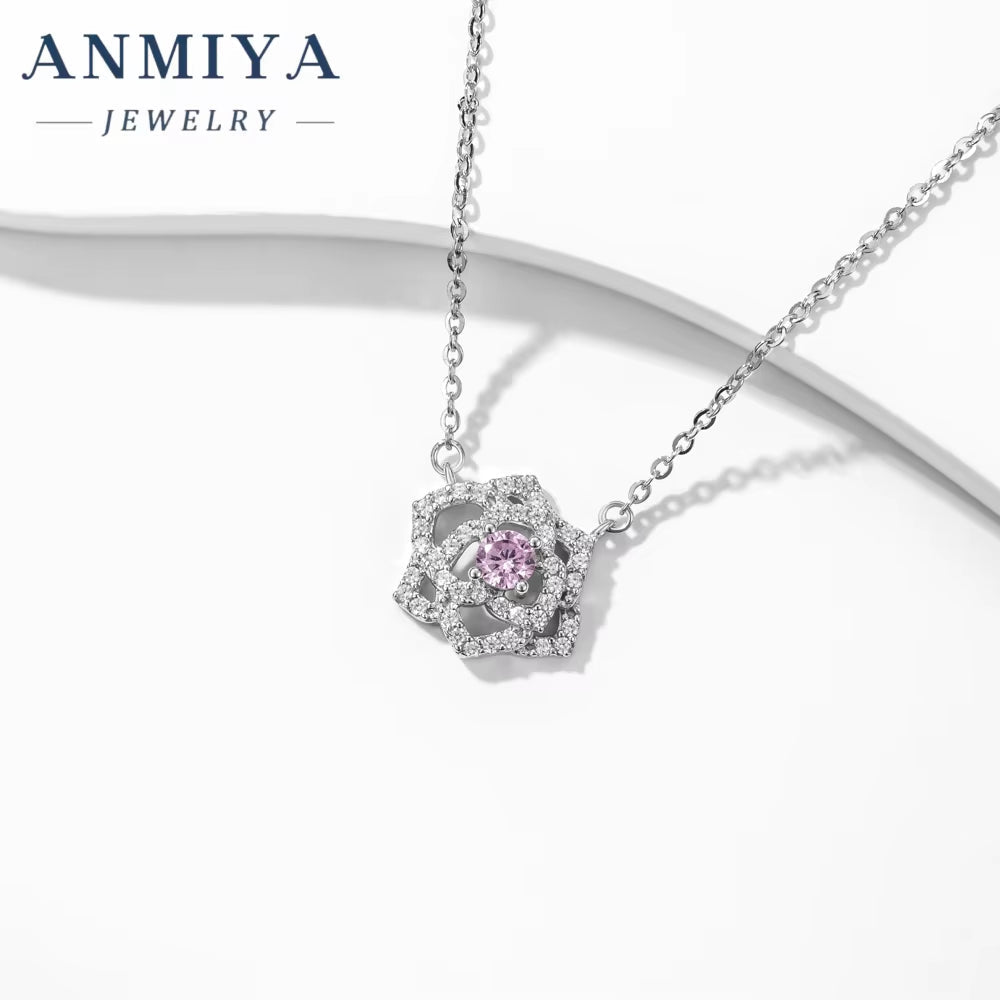 100% 925 Silver Jewelry Rose Flower Hollow Women Diamond Pendant round Brilliant Cut Necklace