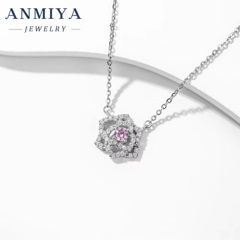 100% 925 Silver Jewelry Rose Flower Hollow Women Diamond Pendant round Brilliant Cut Necklace