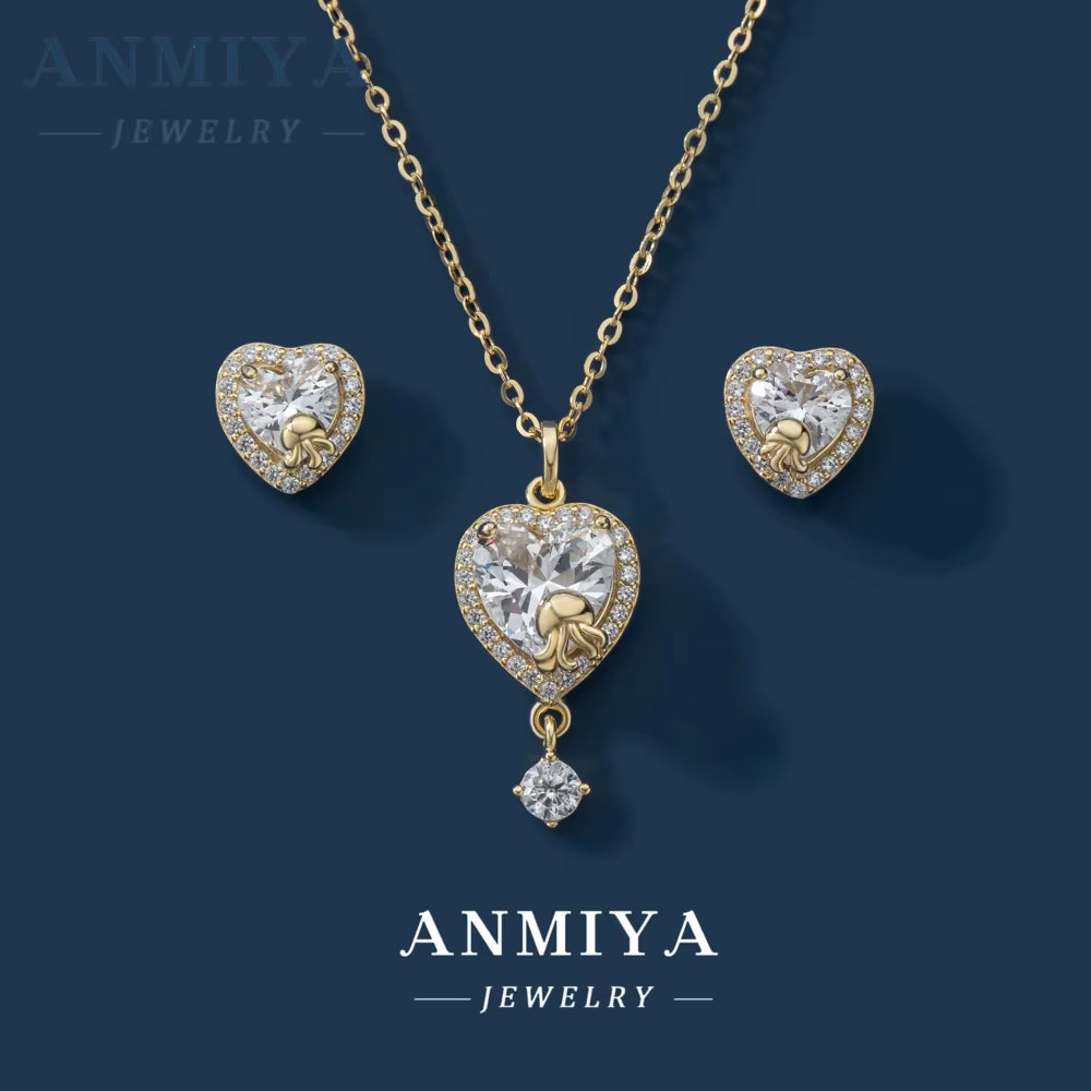 ANMIYA Best Selling 925 Sterling Silver Luxury Necklace Earrings Set for Women Zircon Heart Necklace Fine Jewelry Set