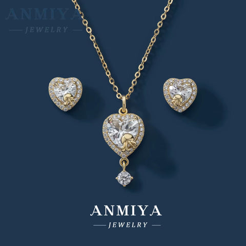ANMIYA Best Selling 925 Sterling Silver Luxury Necklace Earrings Set for Women Zircon Heart Necklace Fine Jewelry Set