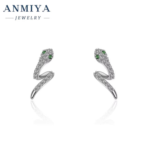 New Fashion Real Gold Plating Green Eyes Snake Shape 18K Gold 925 Sterling Silver Stud Earrings Punk Women Earrings