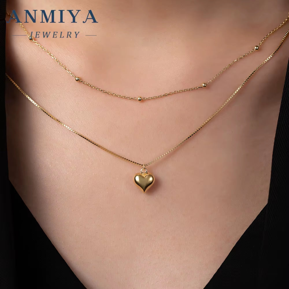 ANMIYA Fashionable Love Pendant Necklace Gold Plated Heart Double Layer Chain Necklace for Women Party Jewelry