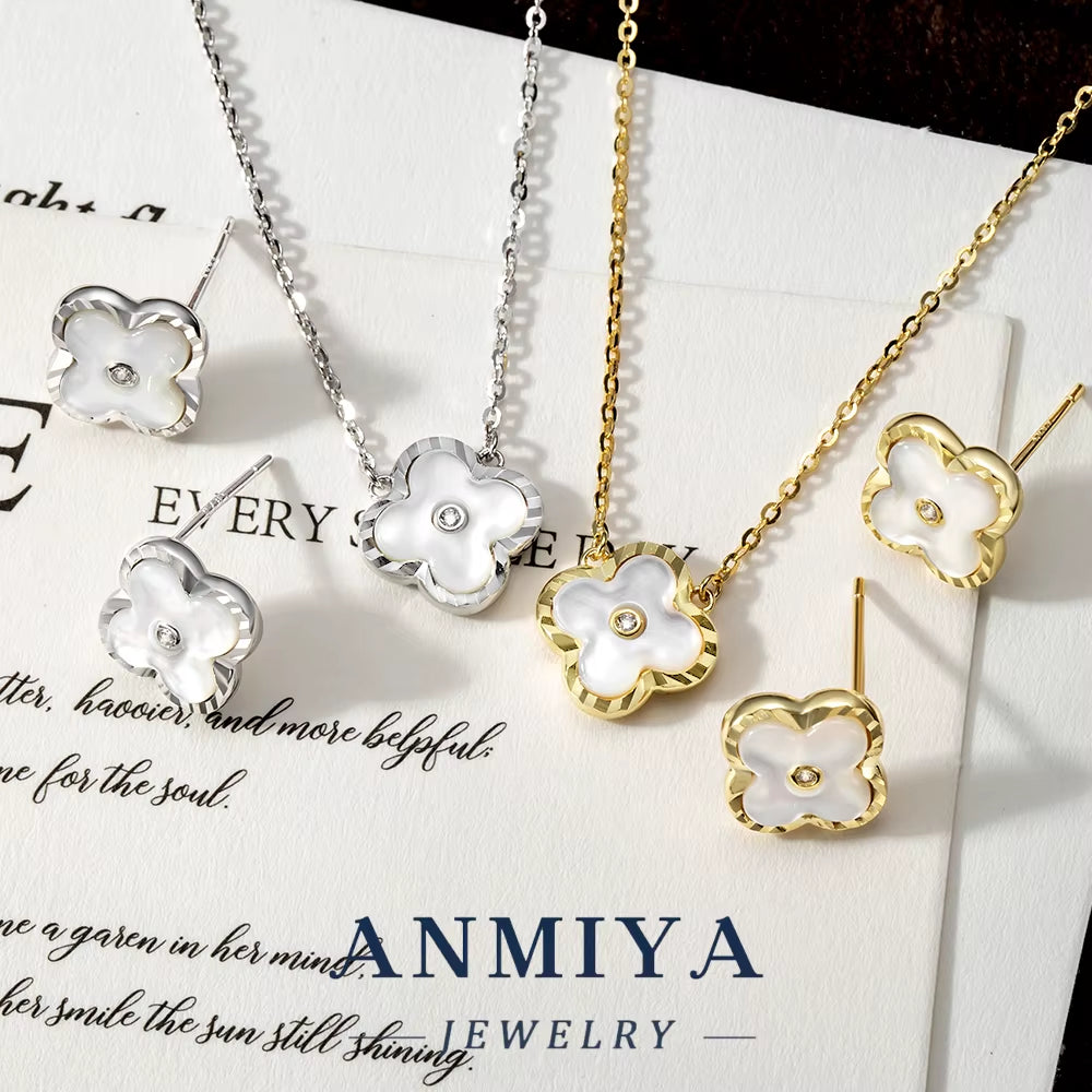 Hypoallergenic Lucky Clover Motif Silver 925 Set with Centered Zircon Inlay Necklace and Earring Sets for Jewelry Lovers