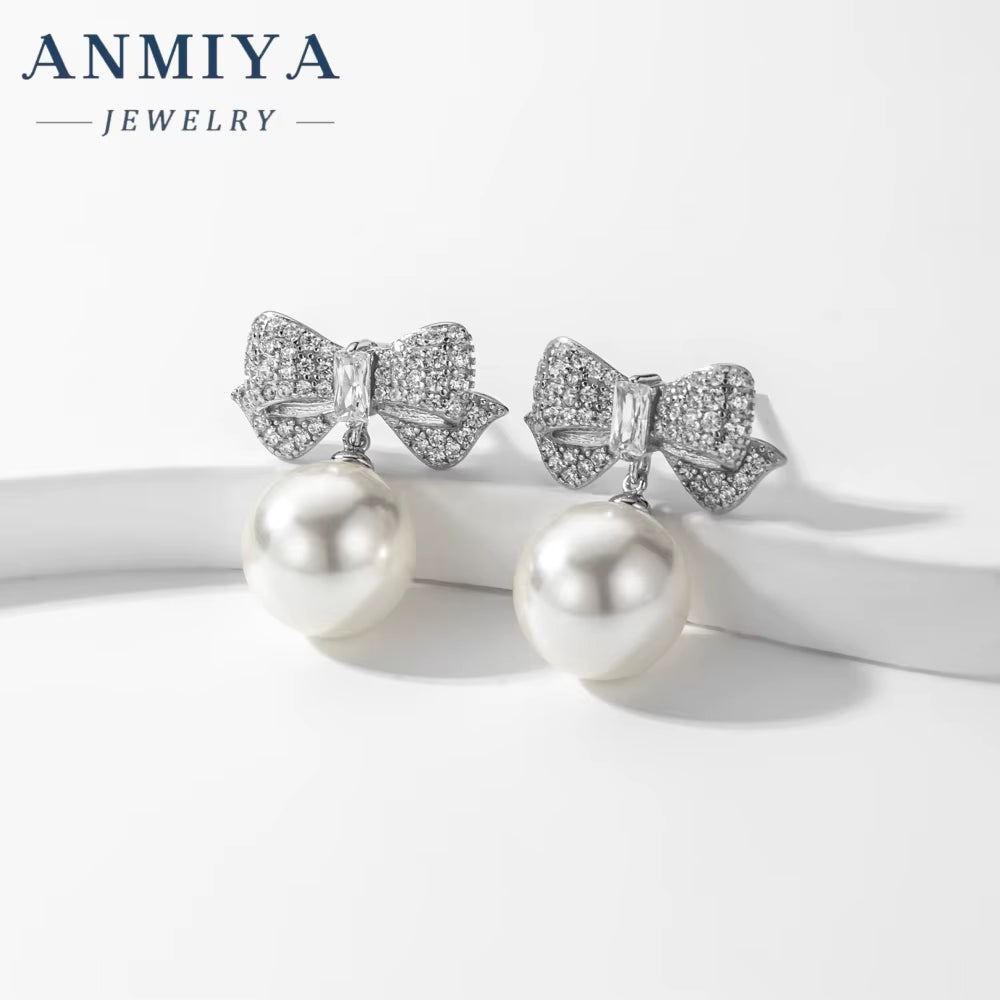 Wholesale Hypoallergenic Pearl Diamond Bow Dangle Shape Drop 925 Silver Plated Bow Earrings for Women