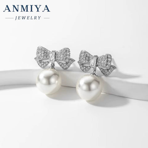 Wholesale Hypoallergenic Pearl Diamond Bow Dangle Shape Drop 925 Silver Plated Bow Earrings for Women