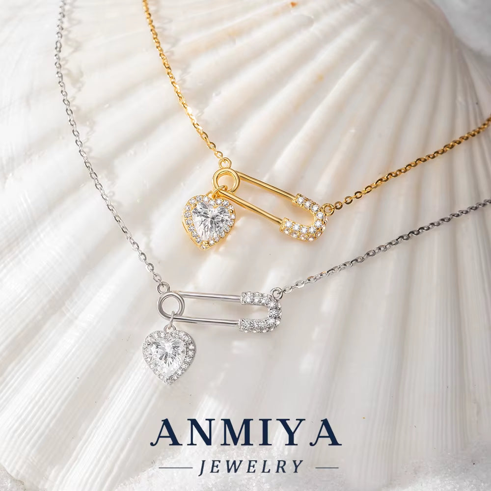 Fine Jewelry 925 Sterling Silver 18K Gold Plated Love Heart Pendant Link Pin Shape Chain Necklace for Women