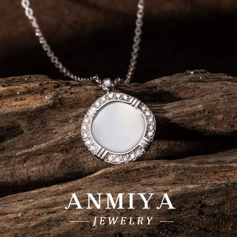 ANMIYA 925 Sterling Silver 14K Gold-Plated round Pendant White Shell Elegant Design Necklaces