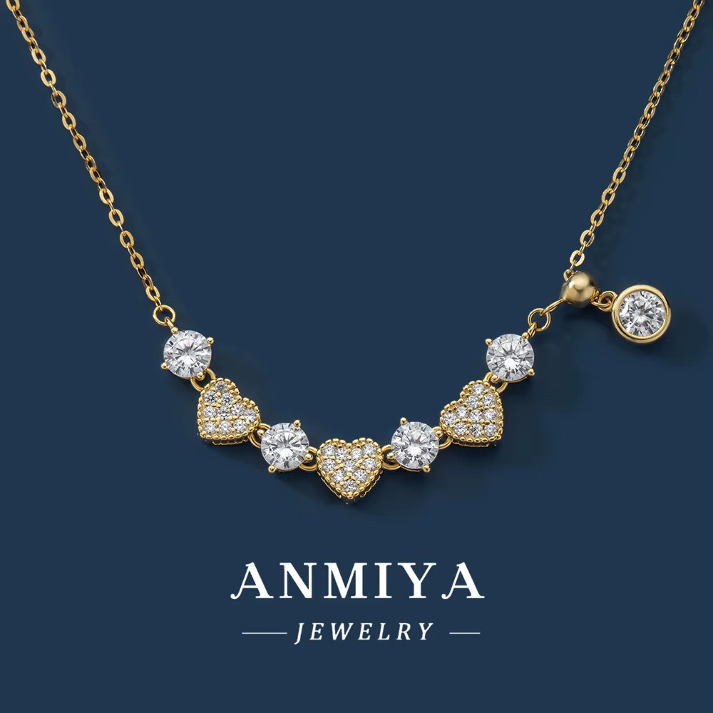 ANMIYA 18K Gold Plated S925 Silver Necklace Heart round Shape Cubic Zirconia Pendant Necklaces for Women