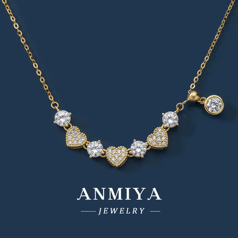 ANMIYA 18K Gold Plated S925 Silver Necklace Heart round Shape Cubic Zirconia Pendant Necklaces for Women