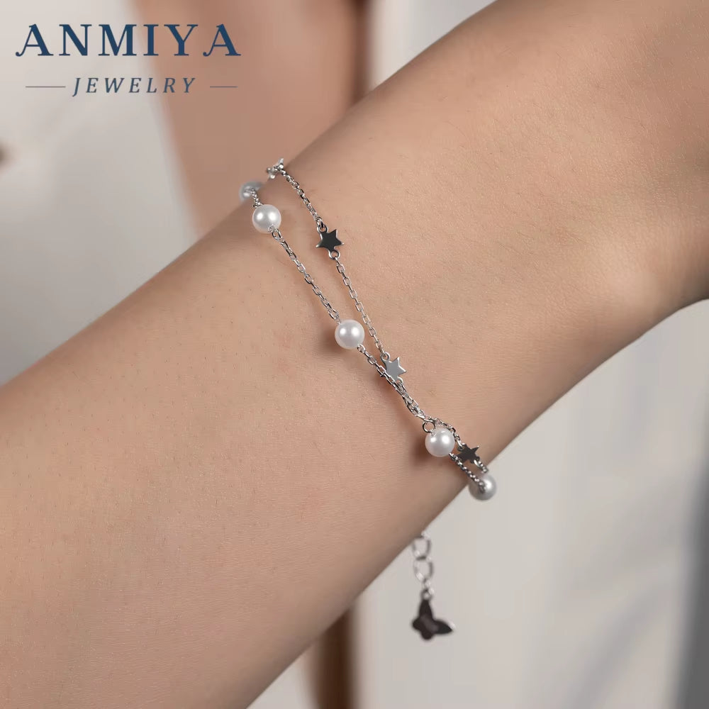925 Sterling Silver Bracelet with Water Pearl Double Layered Adjustable Link Chain Pearl Bracelets for Women