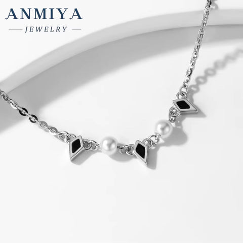 ANMIYA Fashionable 925 Silver Black Rhomboid Nature Fresh Water Pearl Charm Collarbone Necklace