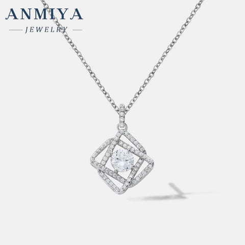 ANMIYA Wholesale 925 Silver Simple Geometric Statement Necklace Hollow Diamond Zircon Square Pendant Necklace