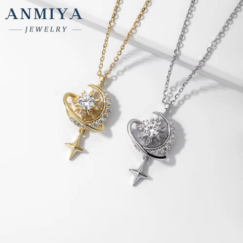 Women'S Fashion 925 Sterling Silver 18K Gold Pendant with Starry Sky Moon Star Zircon Cute Style Necklace for Weddings Occasions