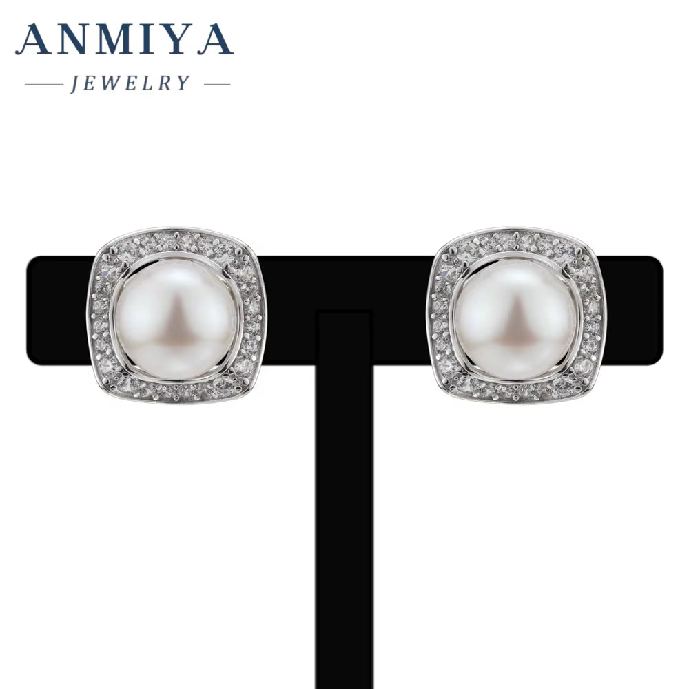 Wedding Bridal 925 Silver Dainty Sterling Silver Vintage Square Big Pearl Earrings for Women