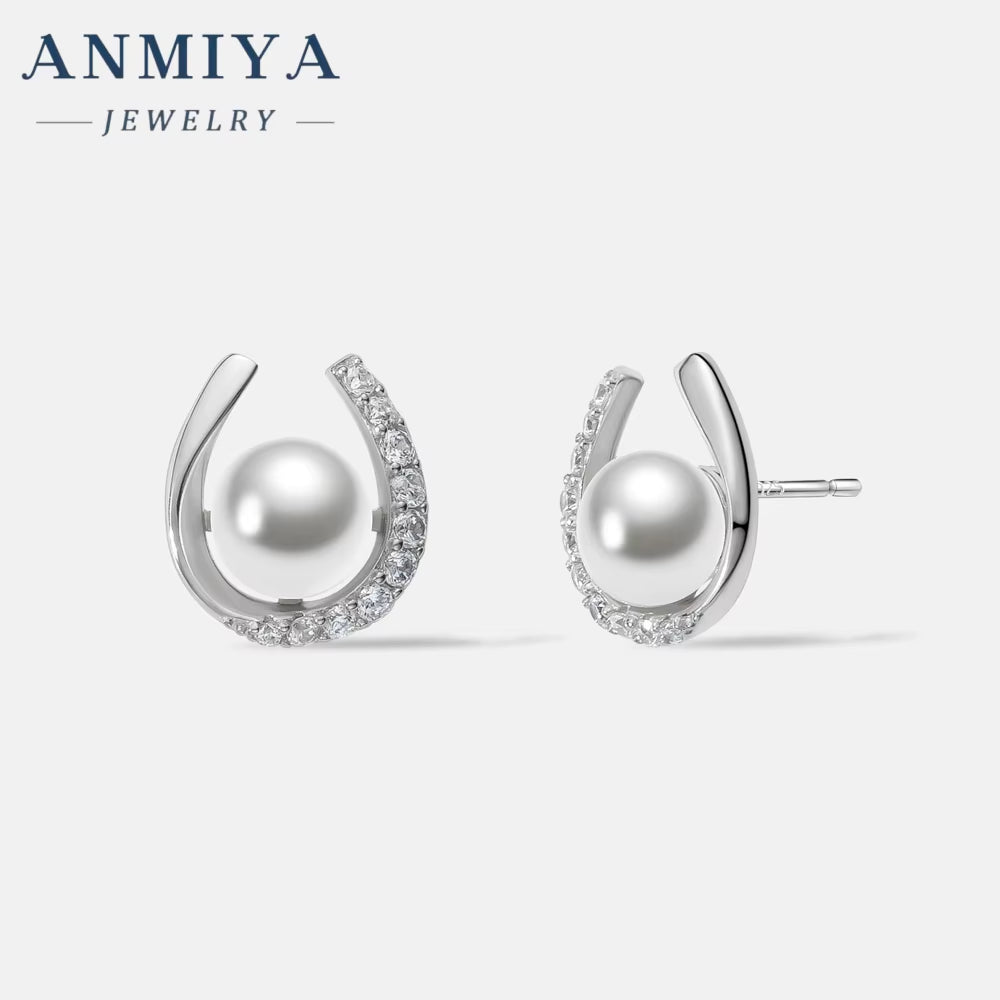 ANMIYA Minimalist Elegant U Shape Zircon Fresh Water Pearl Stud Earrings 925 Silver Baroque Pearl Earrings for Womens
