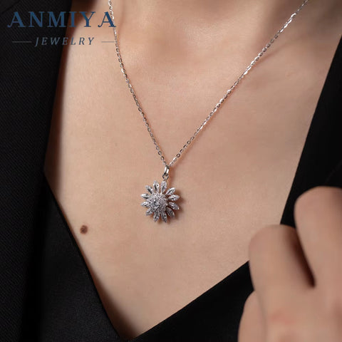 Luxury 925 Silver White Zircon Big Sunflower Diamond Necklace for Women Girl Besrfriend