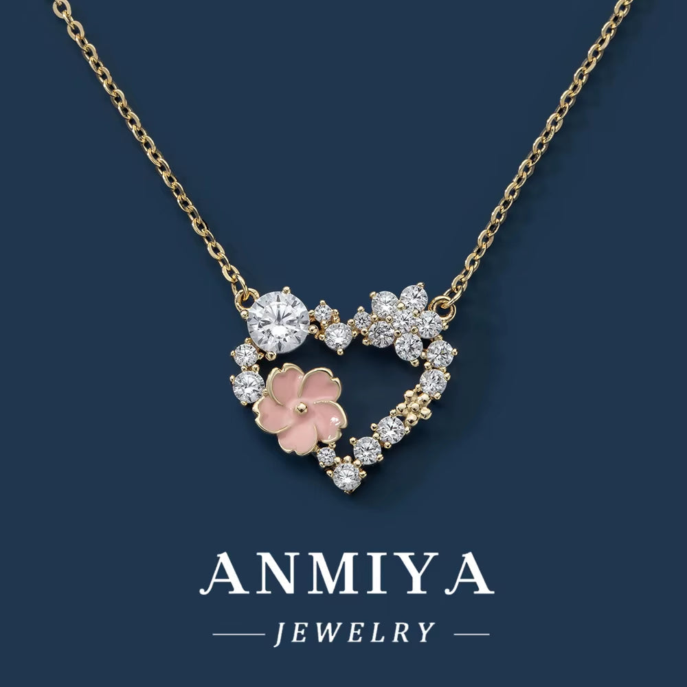 ANMIYA Fine Jewelry 925 Sterling Silver Gold Plated Pink Zircon Heart Necklace for Lover