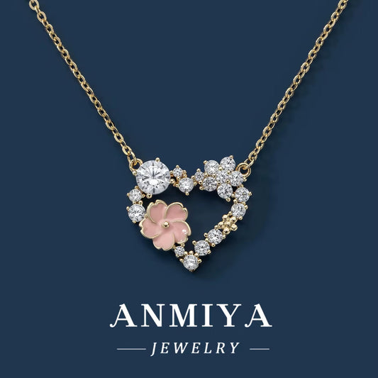 ANMIYA Fine Jewelry 925 Sterling Silver Gold Plated Pink Zircon Heart Necklace for Lover