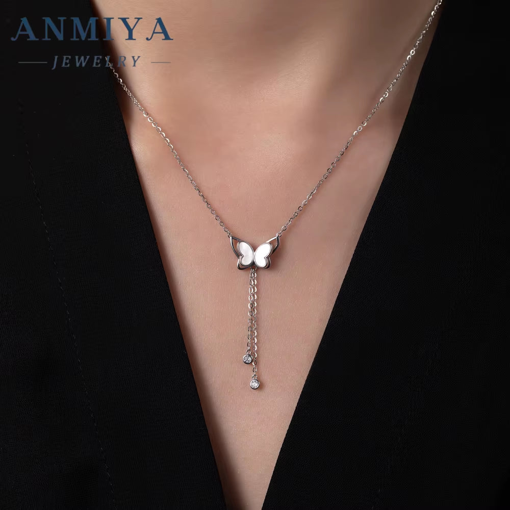 ANMIYA OEM 18K Gold Plated 925 Sterling Silver Female Necklace with Long Tassels and White Shell Adjustable Link Chain for Women