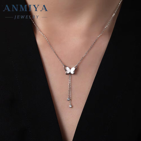 ANMIYA OEM 18K Gold Plated 925 Sterling Silver Female Necklace with Long Tassels and White Shell Adjustable Link Chain for Women