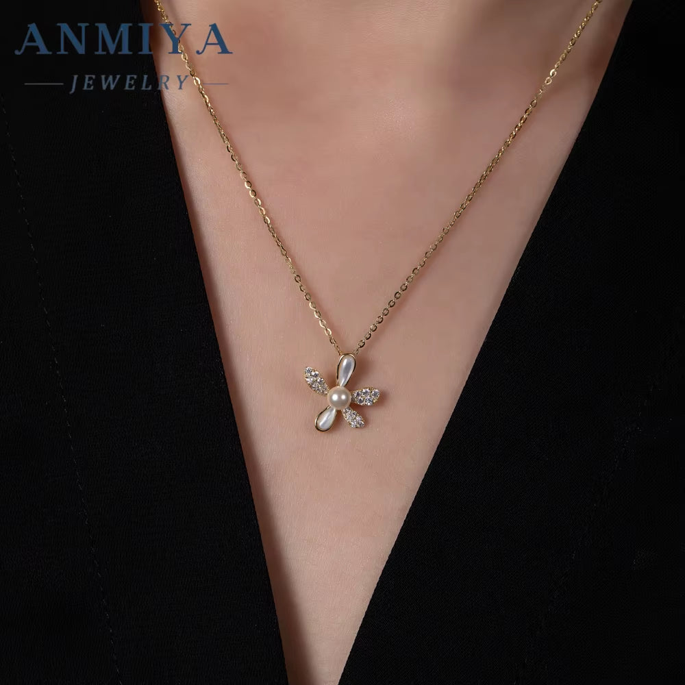 ANMIYA Pearl Flower Necklace 925 Silver Chain Zirconia Pendant Pearl Jewelry Necklace Pendant Wholesale for Women