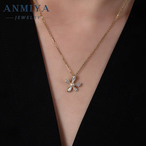 ANMIYA Pearl Flower Necklace 925 Silver Chain Zirconia Pendant Pearl Jewelry Necklace Pendant Wholesale for Women