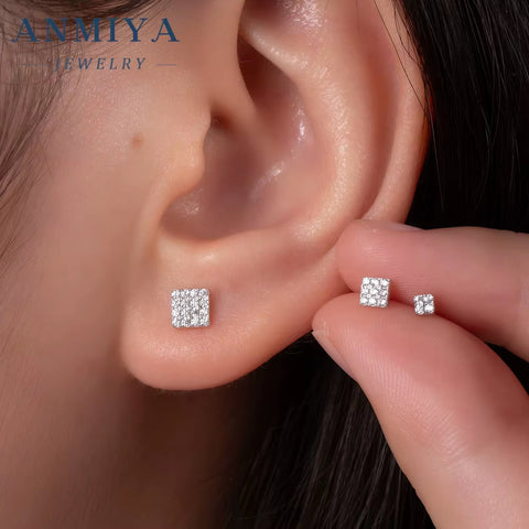 ANMIYA Square Shape Diamond 3PCS Set Stud Earrings Zircon 925 Silver Fine Jewelry Earrings for Women Girl
