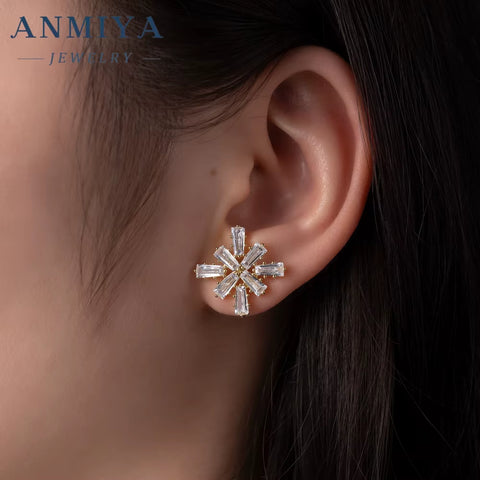 ANMIYA Full Colorful Cubic Zirconia Flower Pendant Necklace Hot Sale CZ Snowflake Pendant Necklace Earrings for Women