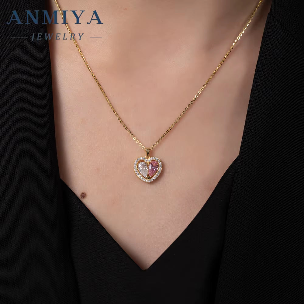 ANMIYA Custom 18K Gold Plated 925 Silver Earrings Necklace Set with Heart Pink Zircon Hypoallergenic for Weddings Gifts