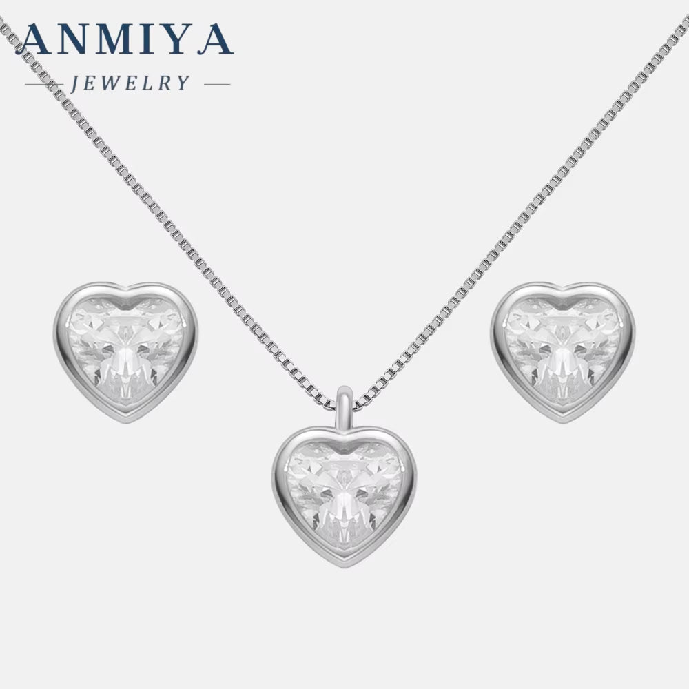 ANMIYA Luxury 2024 Fashion New 925 Silver Charm Necklace Heart Zircon Stone Earrings Necklace Set for Women