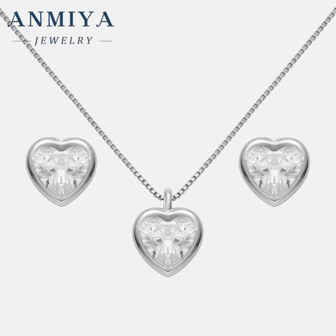 ANMIYA Luxury 2024 Fashion New 925 Silver Charm Necklace Heart Zircon Stone Earrings Necklace Set for Women
