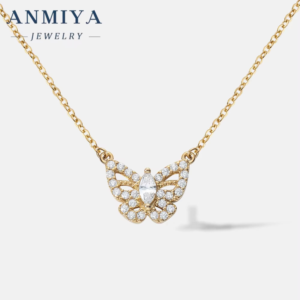 ANMIYA Best Selling Trendy Diamond Necklace 925 Sterling Silver Gifts Women Pink Zirconia Butterfly Necklace