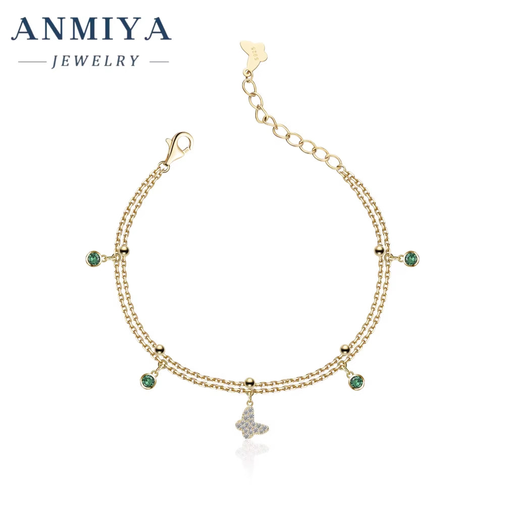 ANMIYA 925 Sterling Silver Chain Bracelet 18K Gold Butterfly Zircon Charm Bracelet for Women