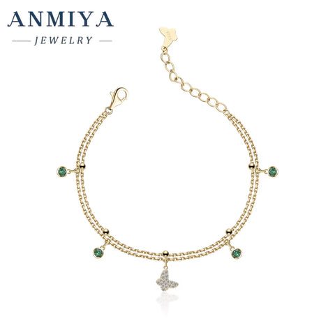 ANMIYA 925 Sterling Silver Chain Bracelet 18K Gold Butterfly Zircon Charm Bracelet for Women