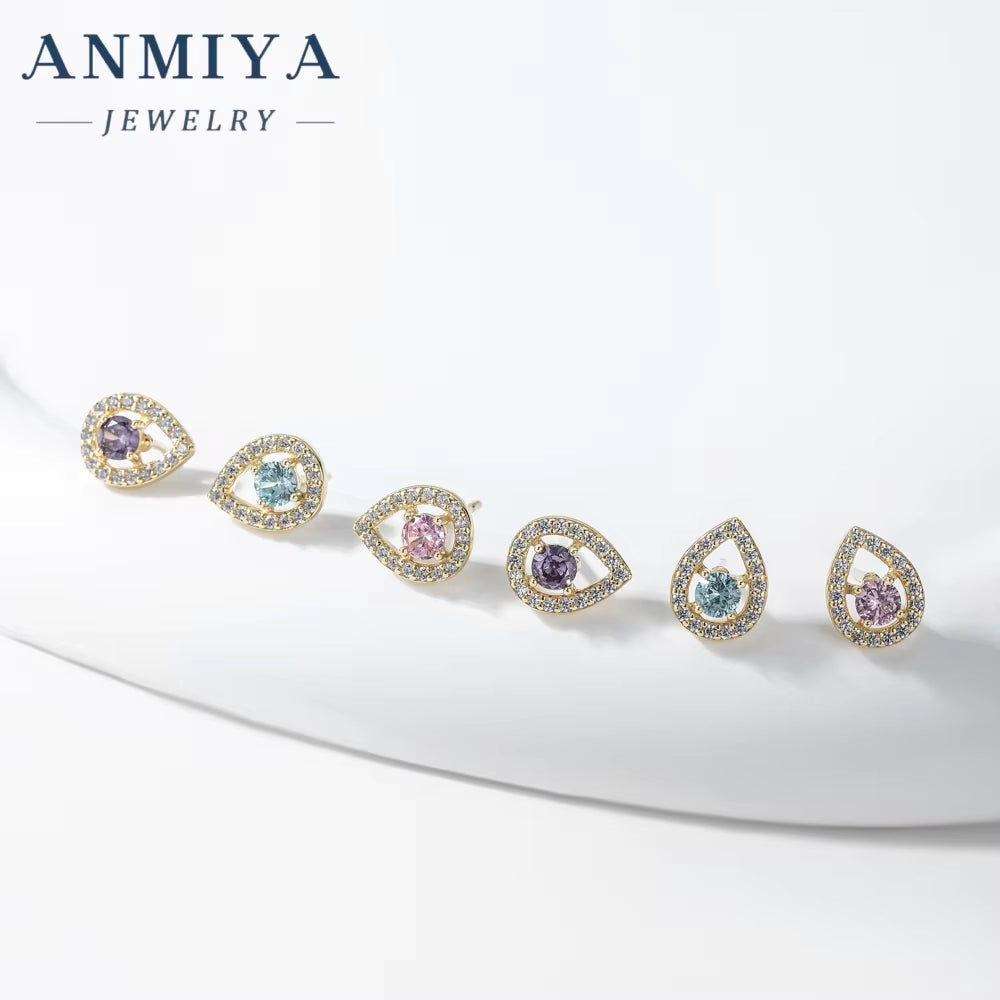 ANMIYA Custom 3Pcs Set S925 Sterling Silver Purple Zircon CZ Stone Geometric Water Drop Heart-Shaped Zircon Stud Earrings Set