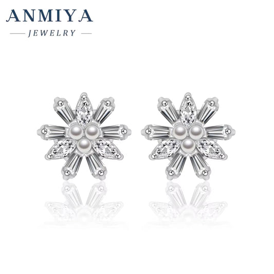 ANMIYA Wholesale Luxury Unique Elegant Small Snowflake Shape 925 Silver Sweet Earrings for Girl