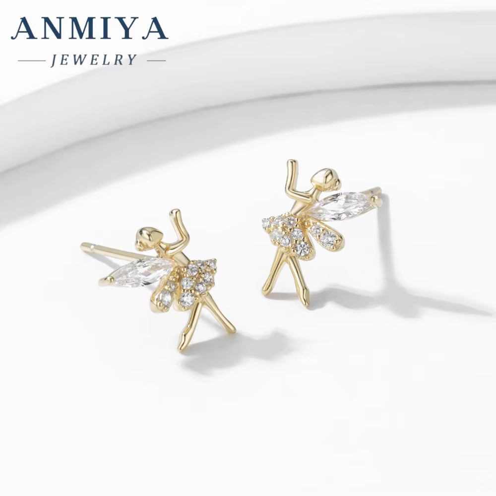 ANMIYA Manufacturer Latest Design Elf Fairy Shape Zircon Hypoallergenic S925 Silver Stud Earrings for Girl
