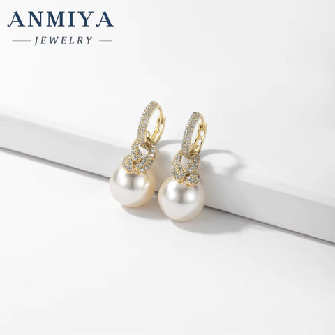 ANMIYA Wholesale 925 Sterling Silver Statement Fresh Water Pearl Cubic Zirconia Pearl Hoop Earrings