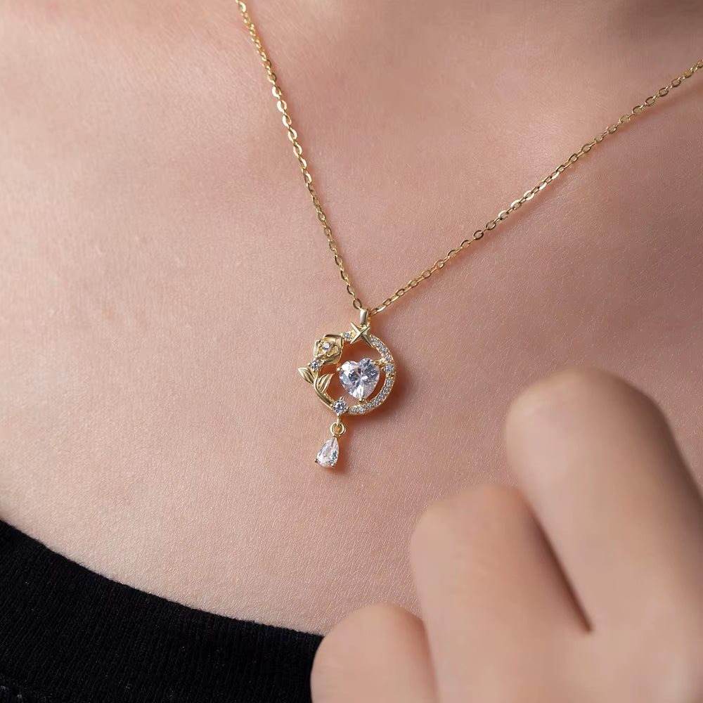 Best Selling 18K Zircon 925 Silver Pendant Necklace with Rose Flower Big Heart Unisex Heart Locket Necklace Valentine'S Day Gift