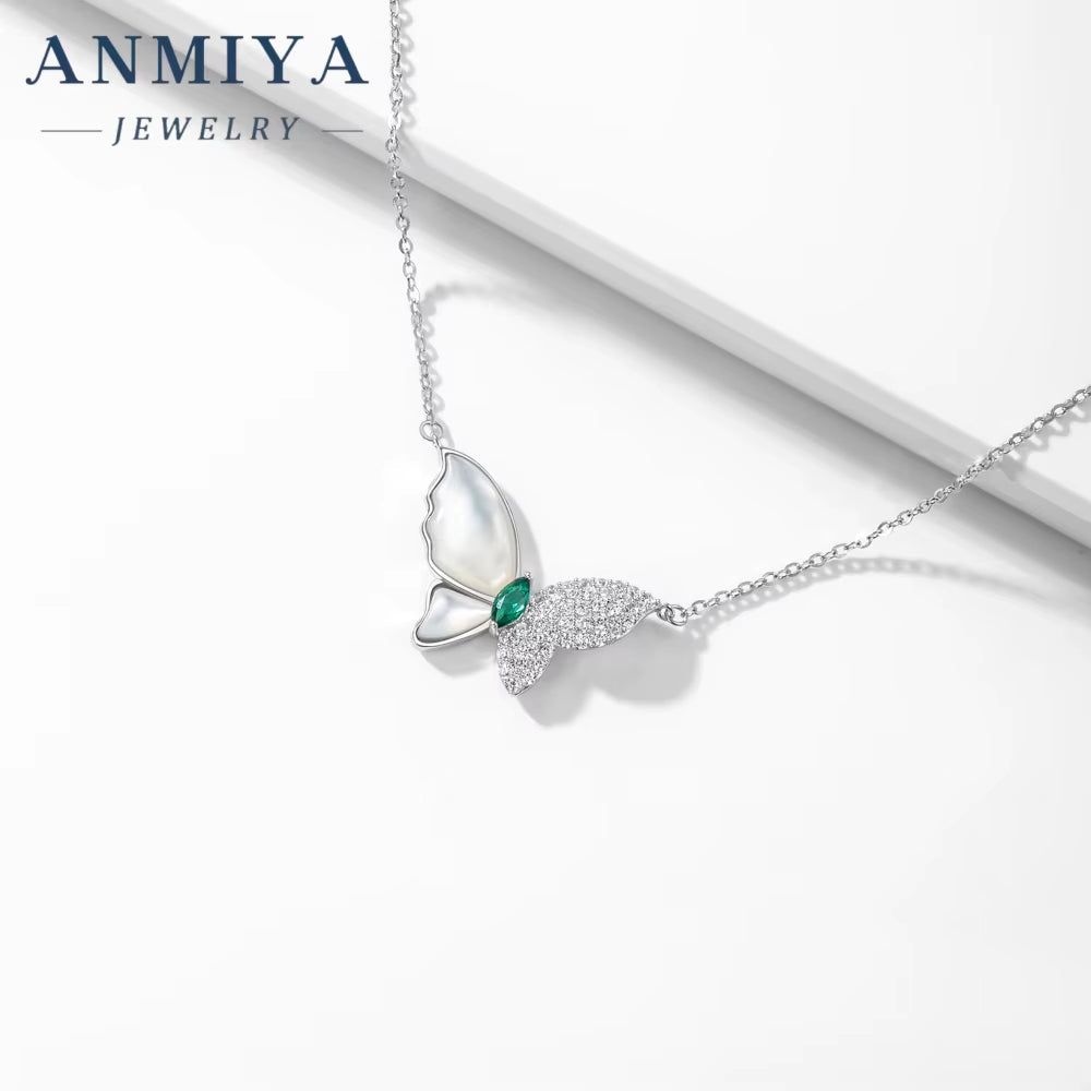 ANMIYA Butterfly Chain Crafted 925 Sterling Silver Necklace Fashion Green Zircon Jewelry Necklaces for Women
